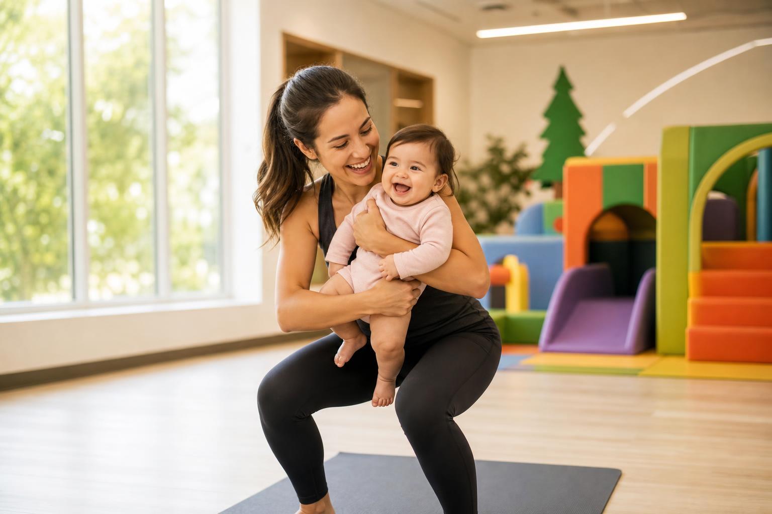 Mom and toddler stretching together on a mat in a bright play space